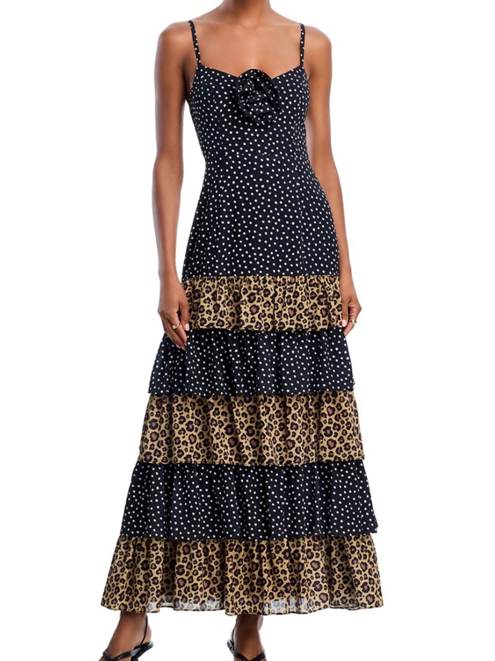 Aqua Black Polka Dot & Leopard Tiered Maxi Dress